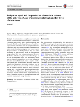 Emigration Speed and the Production of Sexuals in Colonies of the Ant Temnothorax Crassispinus Under High and Low Levels of Disturbance