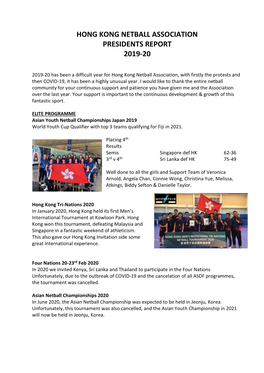 Hong Kong Netball Association Presidents Report 2019-20