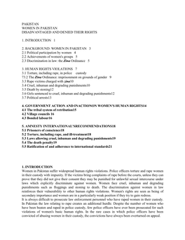 WOMEN in PAKISTAN 3 2.1 Political Participation by Women 4 2.2 Achievements of Women's Groups 5 2.3 Discrimination in Law: the Zina Ordinance 5