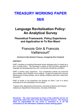 Language Revitalisation Policy: an Analytical Survey Theoretical Framework, Policy Experience and Application to Te Reo Maori