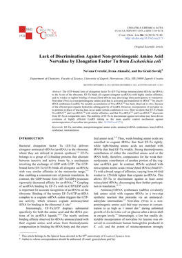 Lack of Discrimination Against Non-Proteinogenic Amino Acid Norvaline by Elongation Factor Tu from Escherichia Coli †