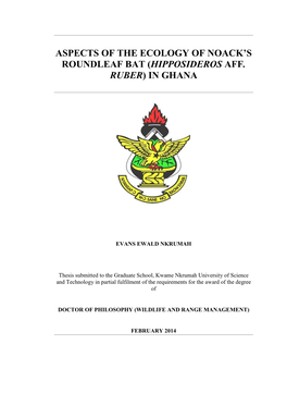 Aspects of the Ecology of Noack's Roundleaf Bat (Hipposideros Aff. Ruber)