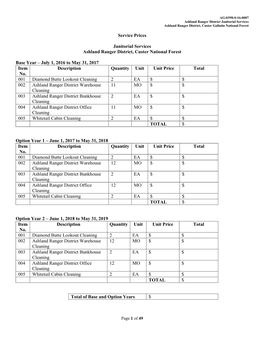 Service Prices Janitorial Services Ashland Ranger District, Custer