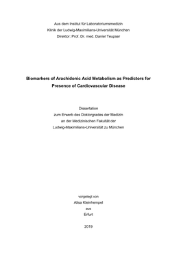 Biomarkers of Arachidonic Acid Metabolism As Predictors for Presence of Cardiovascular Disease