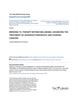 Bringing Til Therapy Beyond Melanoma: Advancing the Treatment of Advanced Pancreatic and Ovarian Cancers