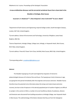 A New Ornithischian Dinosaur and the Terrestrial Vertebrate Fauna from a Bone Bed in the Wealden of Ardingly, West Sussex
