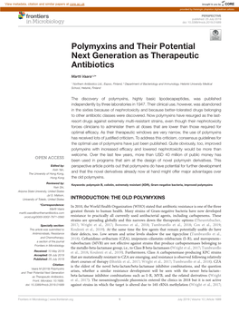 Polymyxins and Their Potential Next Generation As Therapeutic Antibiotics