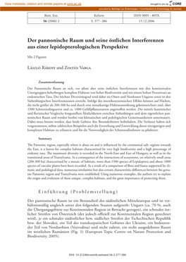 Der Pannonische Raum Und Seine Östlichen Interferenzen Aus Einer Lepidopterologischen Perspektive