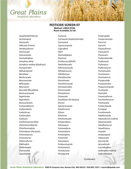 PESTICIDE SCREEN 07 Method: USDA R33D Rush Available 2X List