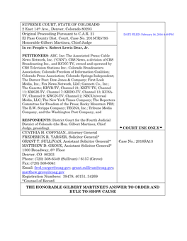 SUPREME COURT, STATE of COLORADO 2 East 14Th Ave., Denver, Colorado 80203 Original Proceeding Pursuant to C.A.R