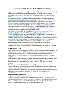 Response to the COVID-19 Vaccine Effects and the “Protein Shedding” a Growing Number of People Are Asking How Will NANO SOMA