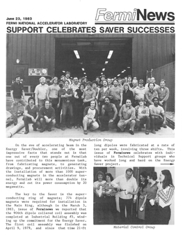 !?®!Lmonews FERMI NATIONAL ACCELERATOR LABORATORY SUPPORT CELEBRATES SAVER SUCCESSES