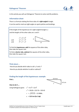 Pythagoras' Theorem Information Sheet Finding the Length of the Hypotenuse