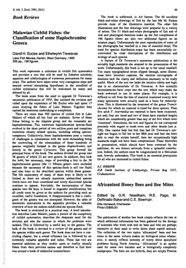 Malawian Cichlid Fishes: the Classification of Some Haplochromine Genera Africanized Honey Bees and Bee Mites