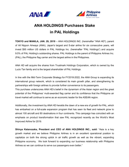 ANA HOLDINGS Purchases Stake in PAL Holdings