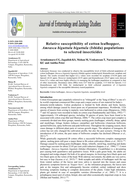 Relative Susceptibility of Cotton Leafhopper, Amrasca Biguttula Biguttula (Ishida) Populations to Selected Insecticides