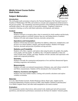 Middle School Course Outline Sixth Grade Subject: Mathematics