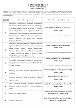 OBWIESZCZENIE WÓJTA GMINY PIASKI Z Dnia 5 Września 2019 R