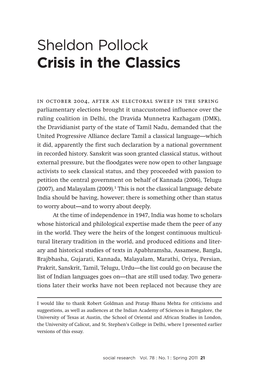 Sheldon Pollock Crisis in the Classics