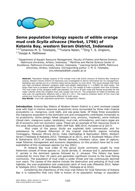 Some Population Biology Aspects of Edible Orange Mud Crab Scylla Olivacea (Herbst, 1796) of Kotania Bay, Western Seram District, Indonesia 1,2,3Johannes M