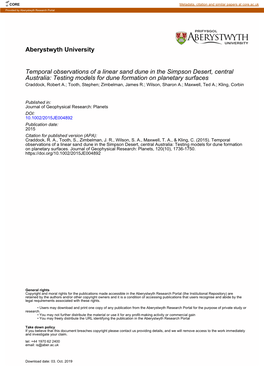 Temporal Observations of a Linear Sand Dune in the Simpson Desert