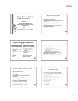 HEARING LOSS and DEMENTIA: CONNECTING the DOTS the Participant Will Be Able To:  Identify Age-Related Sensorineural Hearing Loss Presented By: and Dementia