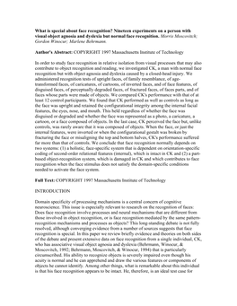 What Is Special About Face Recognition? Nineteen Experiments on a Person with Visual Object Agnosia and Dyslexia but Normal Face Recognition