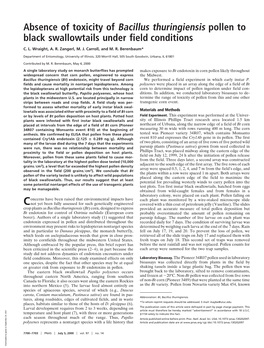 Absence of Toxicity of Bacillus Thuringiensis Pollen to Black Swallowtails Under Field Conditions