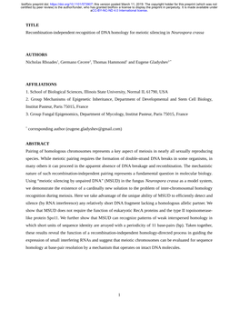 TITLE Recombination-Independent Recognition of DNA Homology for Meiotic Silencing in Neurospora Crassa