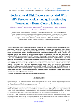 Sociocultural Risk Factors Associated with HIV Seroconversion Among Breastfeeding Women at a Rural County in Kenya Simon N