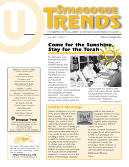 Synagogue Trends a Newsletter for the Leadership of Orthodox Union Member Synagogues