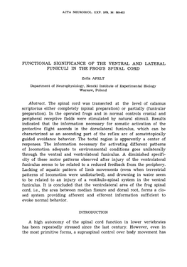 Functional Significance of the Ventral and Lateral Funiculi in the Frog's Spinal Cord