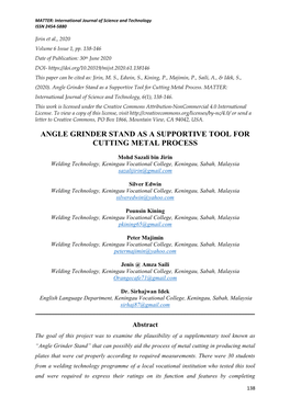 Angle Grinder Stand As a Supportive Tool for Cutting Metal Process