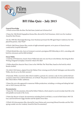 BFI Film Quiz – July 2015