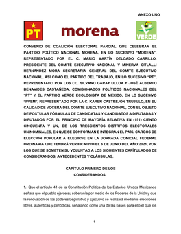 Anexo Uno Convenio De Coalición Electoral Parcial Que Celebran El Partido Político Nacional Morena, En Lo Sucesivo