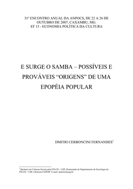 E Surge O Samba – Possíveis E Prováveis “Origens” De Uma Epopéia Popular