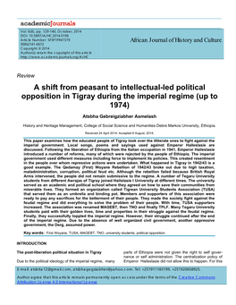 A Shift from Peasant to Intellectual-Led Political Opposition in Tigray During the Imperial Regime (Up to 1974)