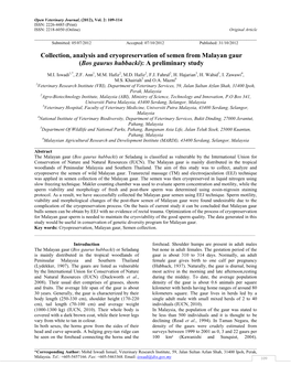 Collection, Analysis and Cryopreservation of Semen from Malayan Gaur (Bos Gaurus Hubbacki): a Preliminary Study