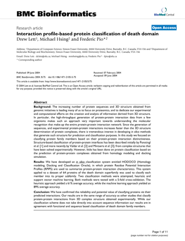 Interaction Profile-Based Protein Classification of Death Domain Drew Lett1, Michael Hsing2 and Frederic Pio*2