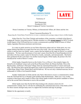 Testimony of Mufi Hannemann President & CEO Hawai'i Lodging & Tourism Association House Committee on Veteran, Military