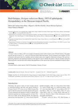 Octopus Rubescens Berry, 1953 (Cephalopoda: Octopodidae), in the Mexican Tropical Pacific