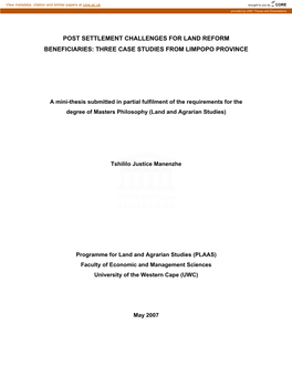 Post Settlement Challenges for Land Reform Beneficiaries: Three Case Studies from Limpopo Province’ Is My Own Work