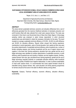 Sustainable Efficiencies in Small Scale Cassava Farmers in Oruk Anam Local Government Area of Akwa Ibom State, Nigeria