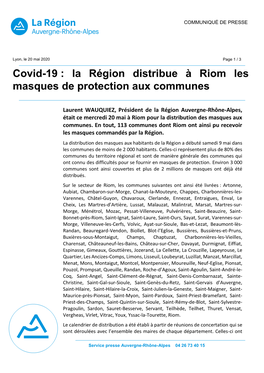 Covid-19 : La Région Distribue À Riom Les Masques De Protection Aux Communes
