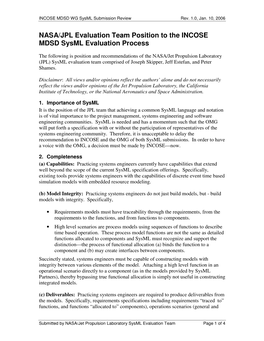 NASA/JPL Evaluation Team Position to the INCOSE MDSD Sysml Evaluation Process