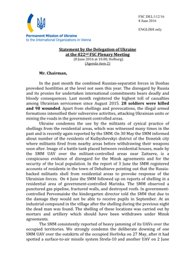 Statement by the Delegation of Ukraine at the 822Nd FSC Plenary Meeting Mr. Chairman, in the Past Month the Combined Russian-Sep