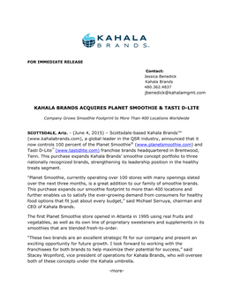 Kahala Brands Acquires Planet Smoothie & Tasti D-Lite