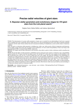 X. Bayesian Stellar Parameters and Evolutionary Stages for 372 Giant Stars from the Lick Planet Search?