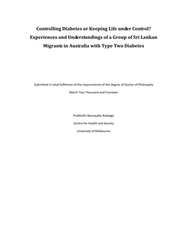 Experiences and Understandings of a Group of Sri Lankan Migrants in Australia with Type Two Diabetes