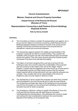 St Pinnock St Pinnock (Diocese of Truro) Representations Concerning a Draft Pastoral (Church Buildings Disposal) Scheme Note by Harvey Howlett